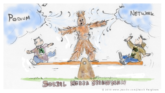 The Social Media Straw man Cartoon of a social media straw man, balancing between self promotion and conversation